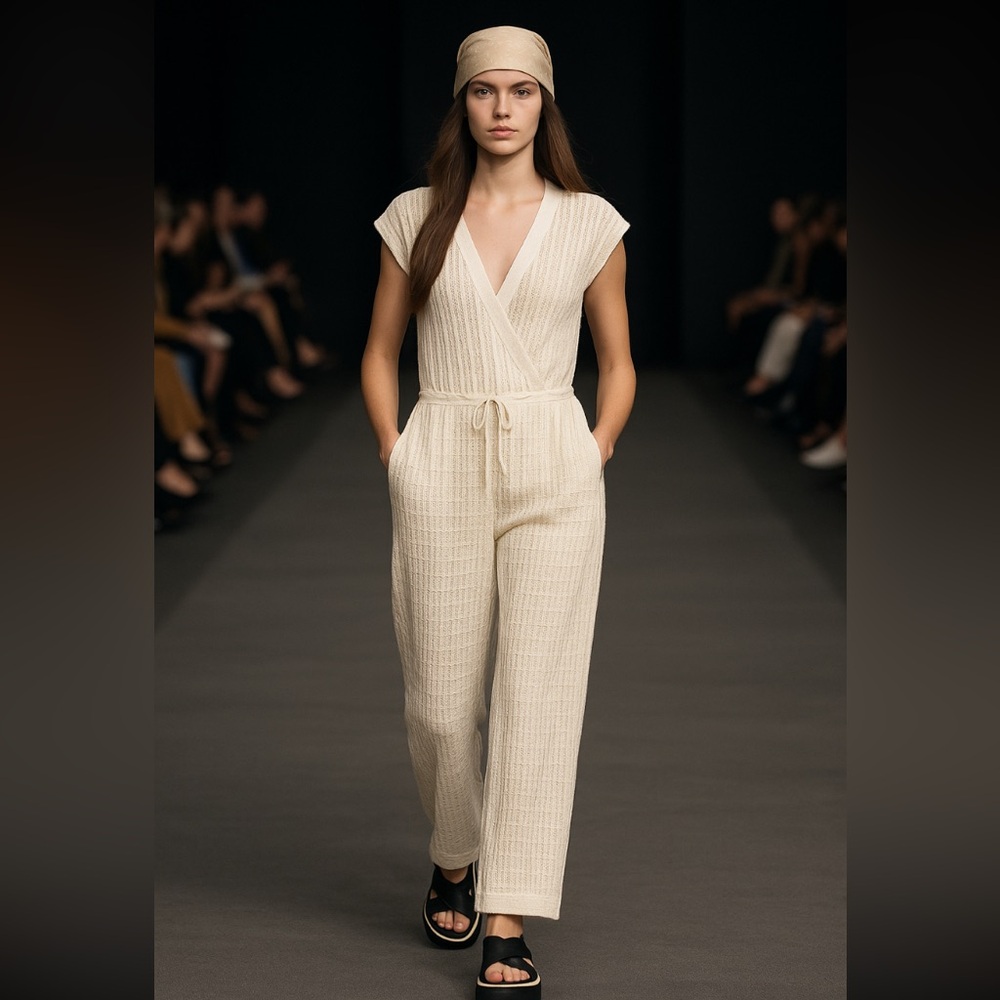*Zara Cream soft knit Jumpsuit with draw string waist 82% cotton